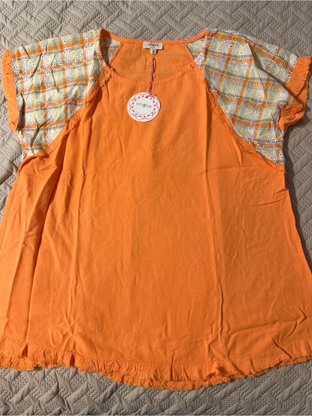 Umgee Orange Short-Sleeve Peasant Top with Plaid Eyelet Sleeves